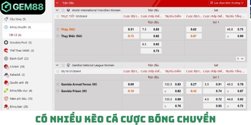 Có nhiều kèo cá cược bóng chuyền