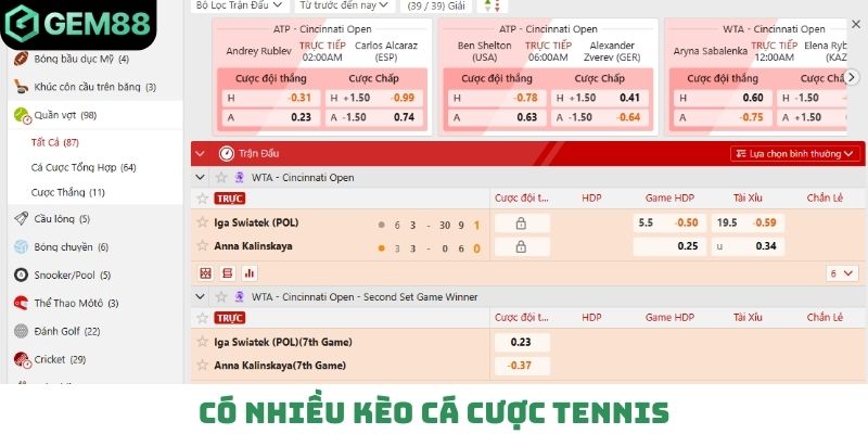 Có nhiều kèo cá cược tennis