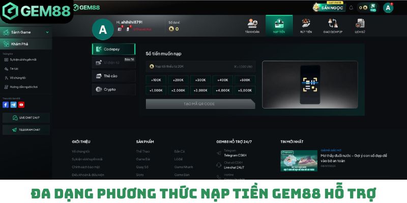 Đa dạng phương thức nạp tiền Gem88 hỗ trợ