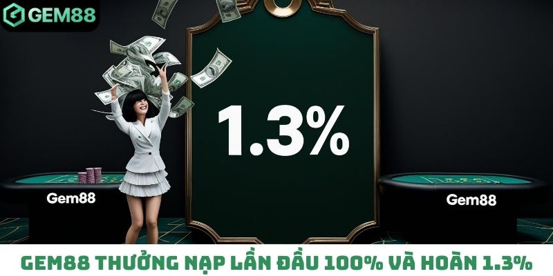 Gem88 thưởng nạp lần đầu 100% và hoàn 1.3%