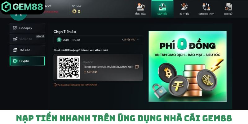 Nạp tiền nhanh trên ứng dụng nhà cái Gem88