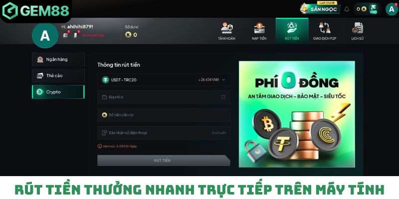 Rút tiền Gem88 thưởng nhanh trực tiếp trên máy tính