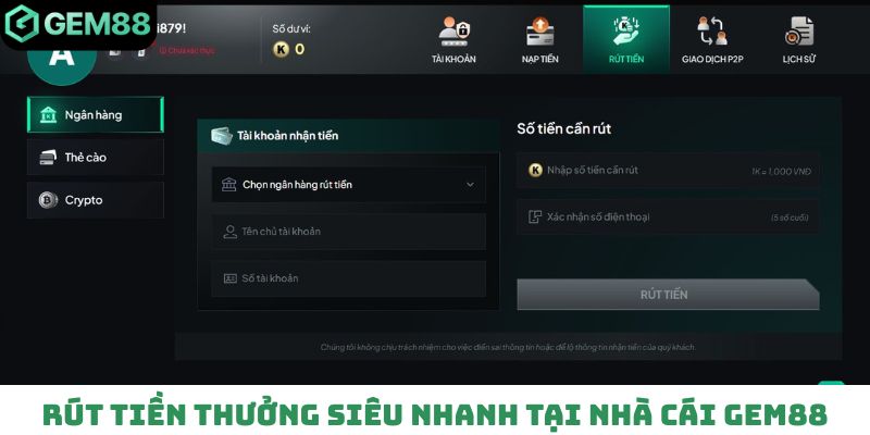 Rút tiền thưởng siêu nhanh tại nhà cái Gem88